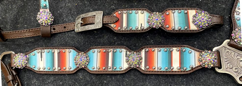 Showman Serape Southwest Print dark oil leather One Ear Headstall and Breastcollar Set #3